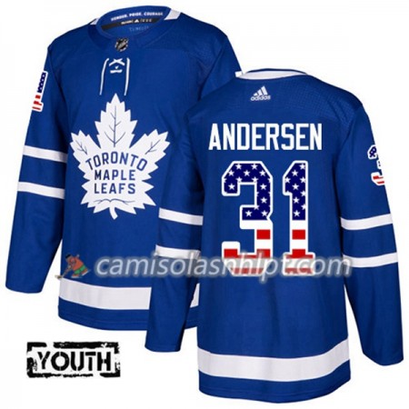 Camisola Toronto Maple Leafs Frederik Andersen 31 Adidas 2017-2018 Azul USA Flag Fashion Authentic - Criança